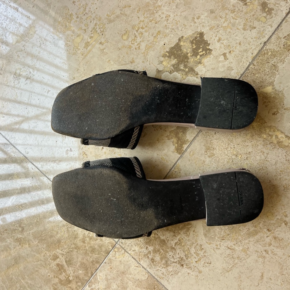 PRADA Taupe & Black Logo Slide Sandals - Picture 2 of 3